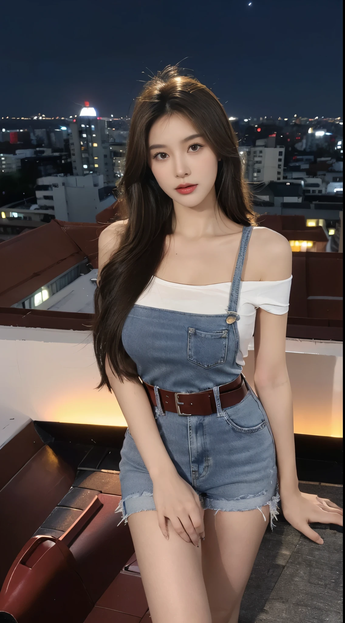 ((midnight, bestquality, 10, master-piece :1.3)), Whole body, elongated legs, crisp focus :1.2, beautiful woman with a perfect figure :1.4, Slender Abs :1.1, ((dark-brown hair, long-haired, Big breasts :1.3)), (White short-sleeved T-shirt, denim skirt, Jean bib, belt, Try wearing red high heels.., Stand:1.2), ((Night city view, rooftop:1.3)), Highly detailed face and skin texture, detailed eyes, double eyelids, sunset, dark, backlit, off shoulders