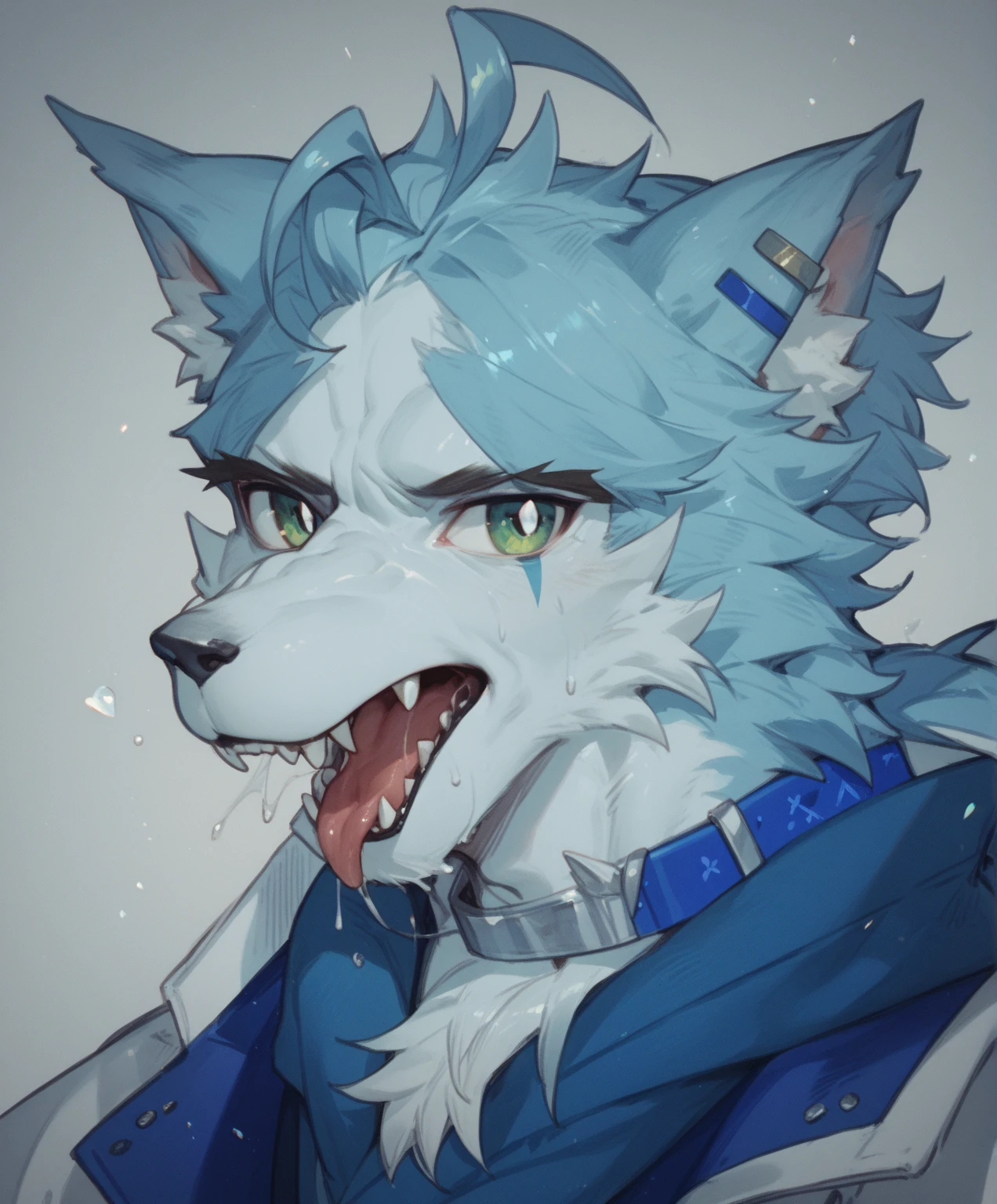 score_9, score_8_up, score_7_up, (shirou ogami, female wolf anthro, feminine, hourglass figure, white furry body, fluffy tail, detailed fur, fluffy body, blue eyes, tired expression, looking down at male, black lips, collar):1.4, naked, simple white background, on a bed, sex, cowgirl position sex, she is straddling a faceless human male, Male is cropped out, simple white background