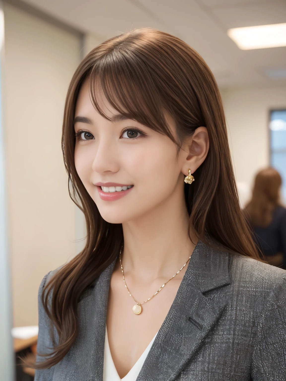 Beautiful young woman、 Brown Hair、Wavy Hair、Necklace around the neck、Office Lady Suits、Jacket、Unbuttoned shirt、Flashy makeup、smile、Laughing with your mouth open、Intricate details, Very detailed:1.2), 、 Looking into the camera,The background is the office、Necklace around the neck、Dark eyeliner、ear piercing