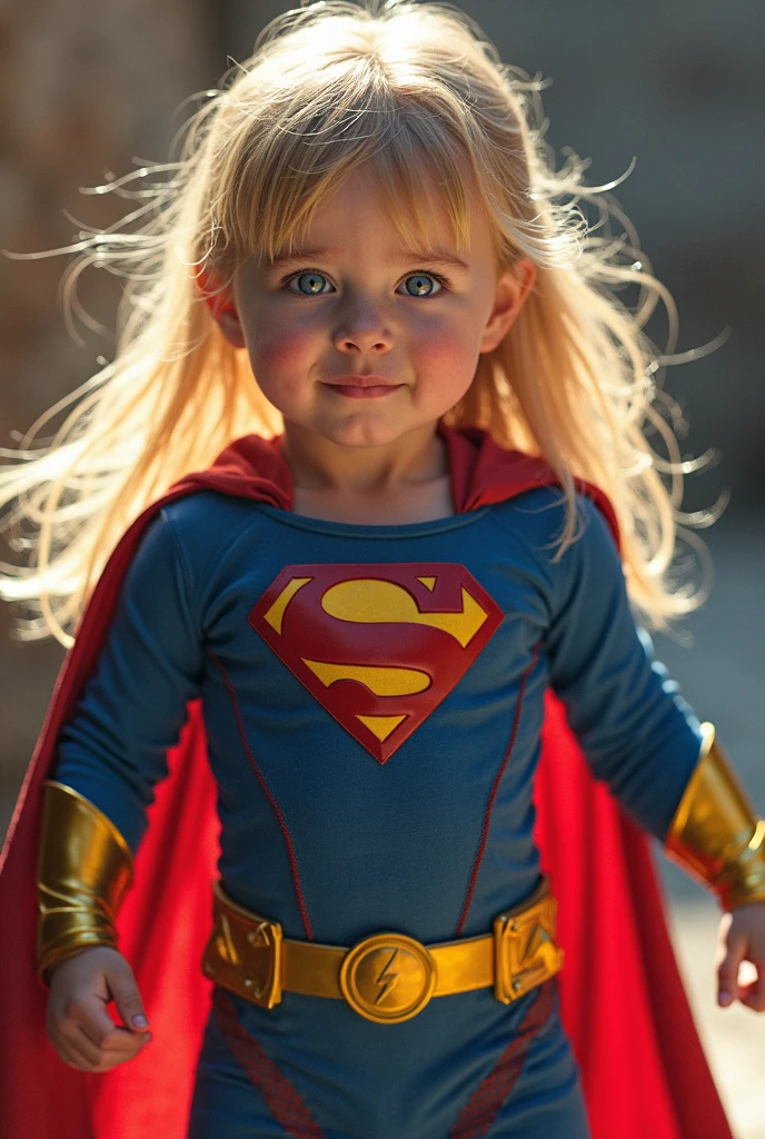 girl,  6 yea костюме super girl, suit to the neck, chest closed, a red cloak flutters behind his back, long blond hair develops, Waist-high close-up, background city in blur, ultra-realistic style