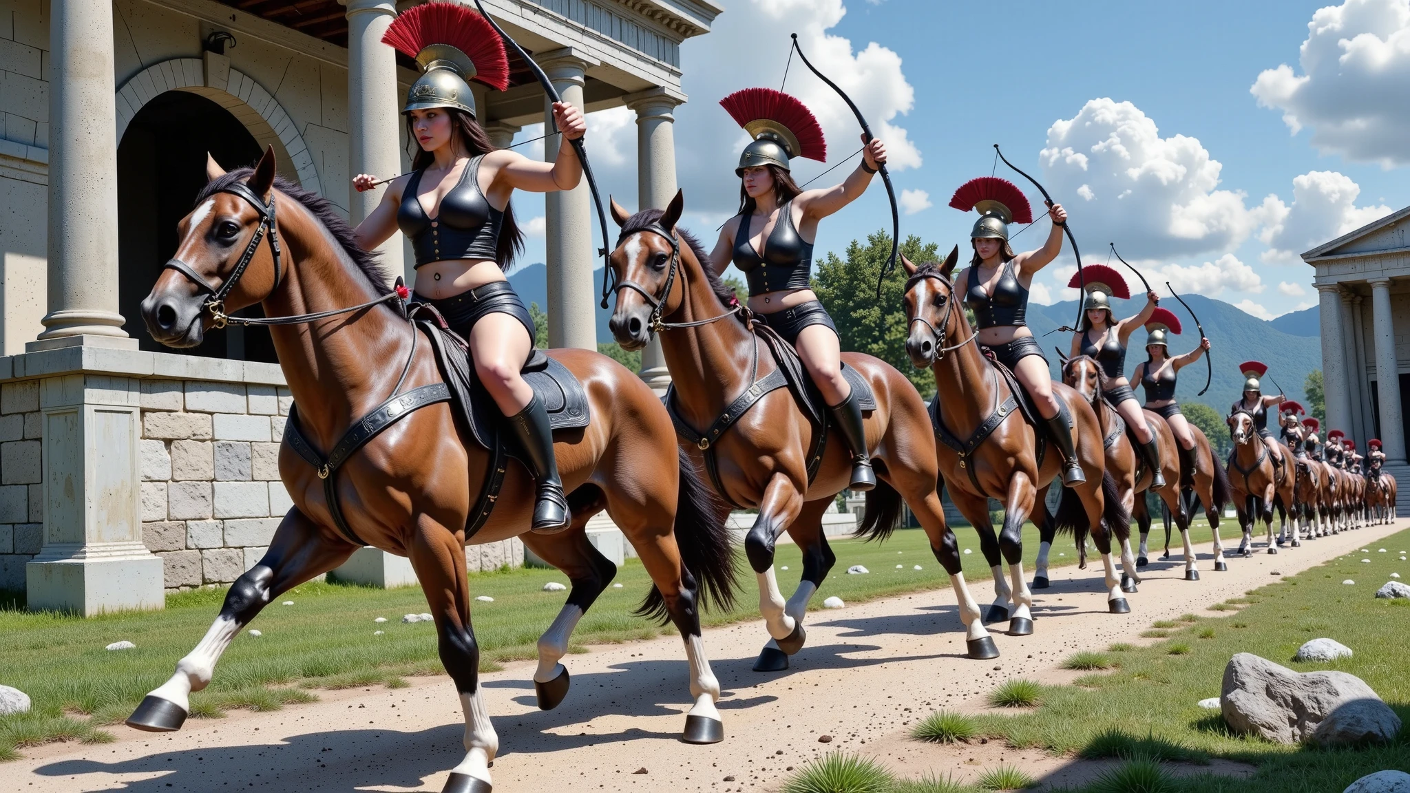 Greek Amazons riding brown horses and equipped with black armor. They wear Athenian-style helmets and are depicted as archers, exuding strength and elegance. The scene captures their grace and power.1
