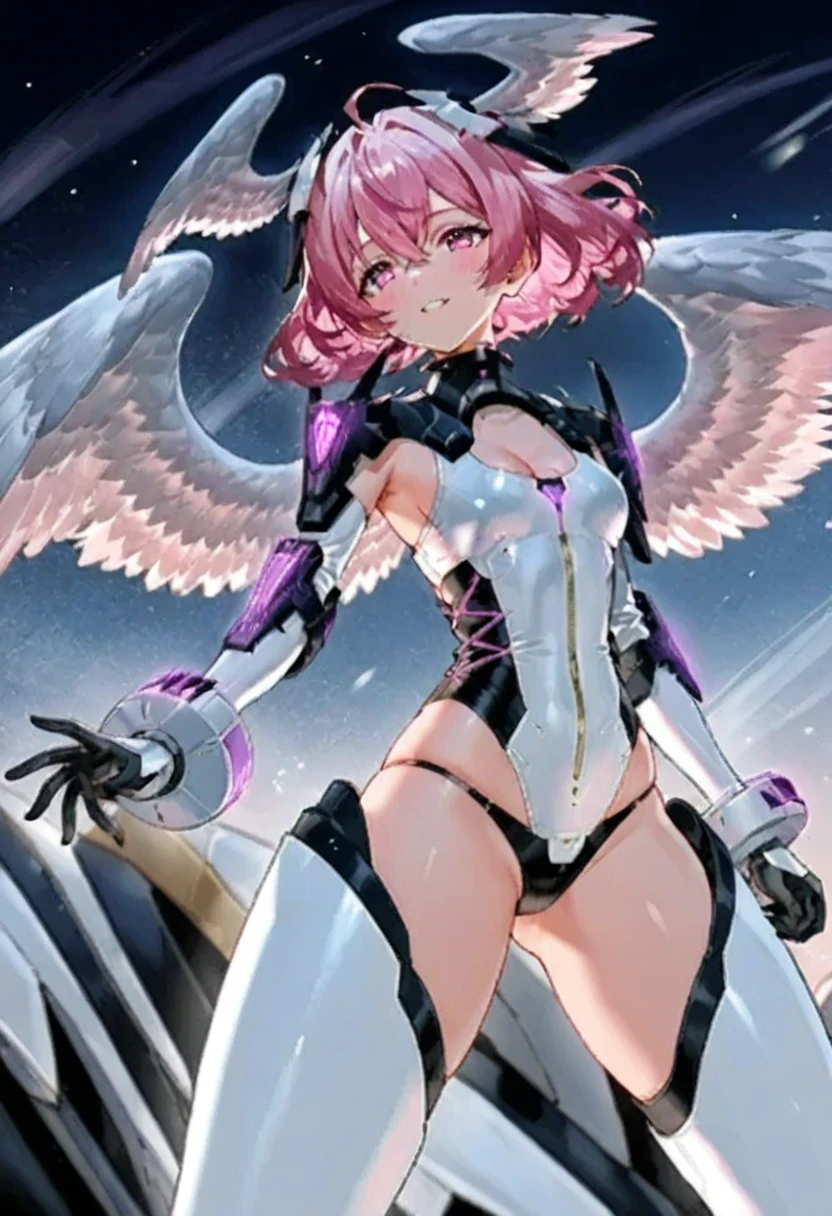 1girl, large breasts, breasts, thick thighs, wide hips, pink hair, very short hair, hair ornament, ornament, headphones, blue eyes, white bodysuit, bodysuit, futuristic, science-fiction, tech, machinery, angel wings, thigh strap, cutout, hip vent, cleavage, serious, glowing eyes, cameltoe, cowboy shot, ((cowboy shot))