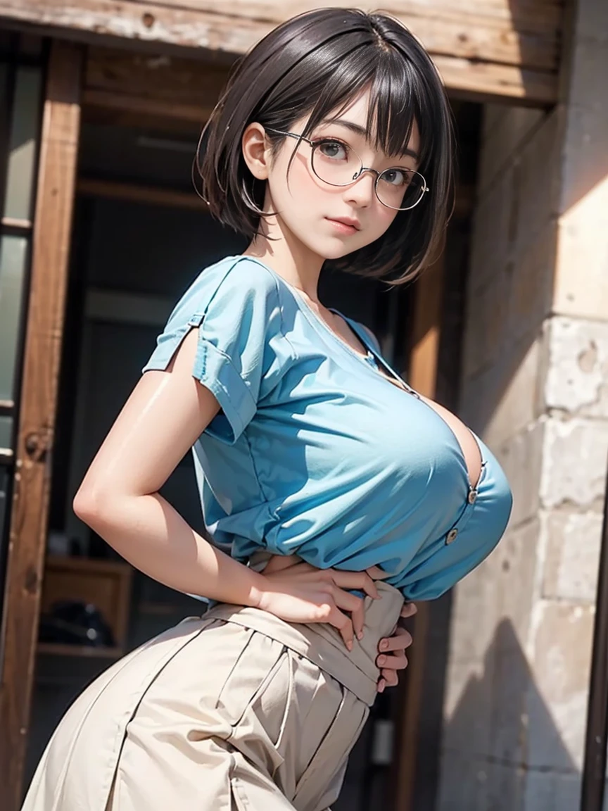masterpiece, light-colored crop top, cleavage, short sleeves, bare navel, short pants, beautiful face, stylish hairstyle, brown hair, transparent glasses, posing for selfie photo, ((huge breasts: 1.1)), ((looking at viewer)), bracelets, head to thighs, wide hips, outdoor