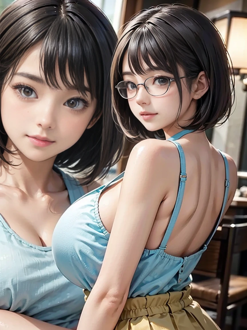 ((best quality)), ((masterpiece)), (detailed), perfect seductive face a beautiful white-toned girl with black hair wearing glasses and wearing wet white saree and white blouse, blue eyes, glossy skin. detailed skin, pink lips with a tiara on her head, pressing her big and cleavage, full sexy body display