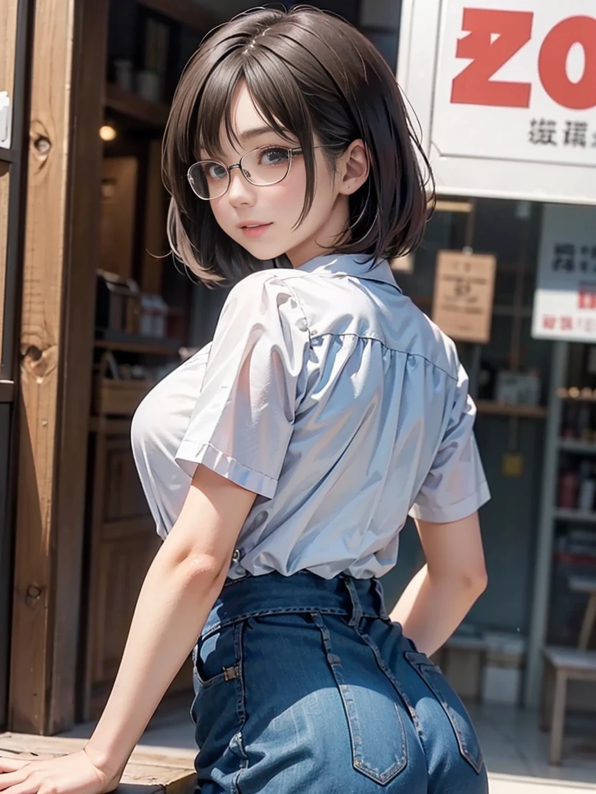 Chinese Idol　Mature Woman　The spring wind blows　large amount of wisteria flowers　Lavender Fields　Brown hair with bangs　Hair blowing in the wind　Rimless glasses　Bright red rouge lips　Big Breasts　Wet white shirt　Blue denim hot pants　Knee-high boots　Turn around with your back　Sit with your buttocks sticking out　Turn around and make eye contact　Photorealistic　Happy expression　Duck mouth　masterpiece