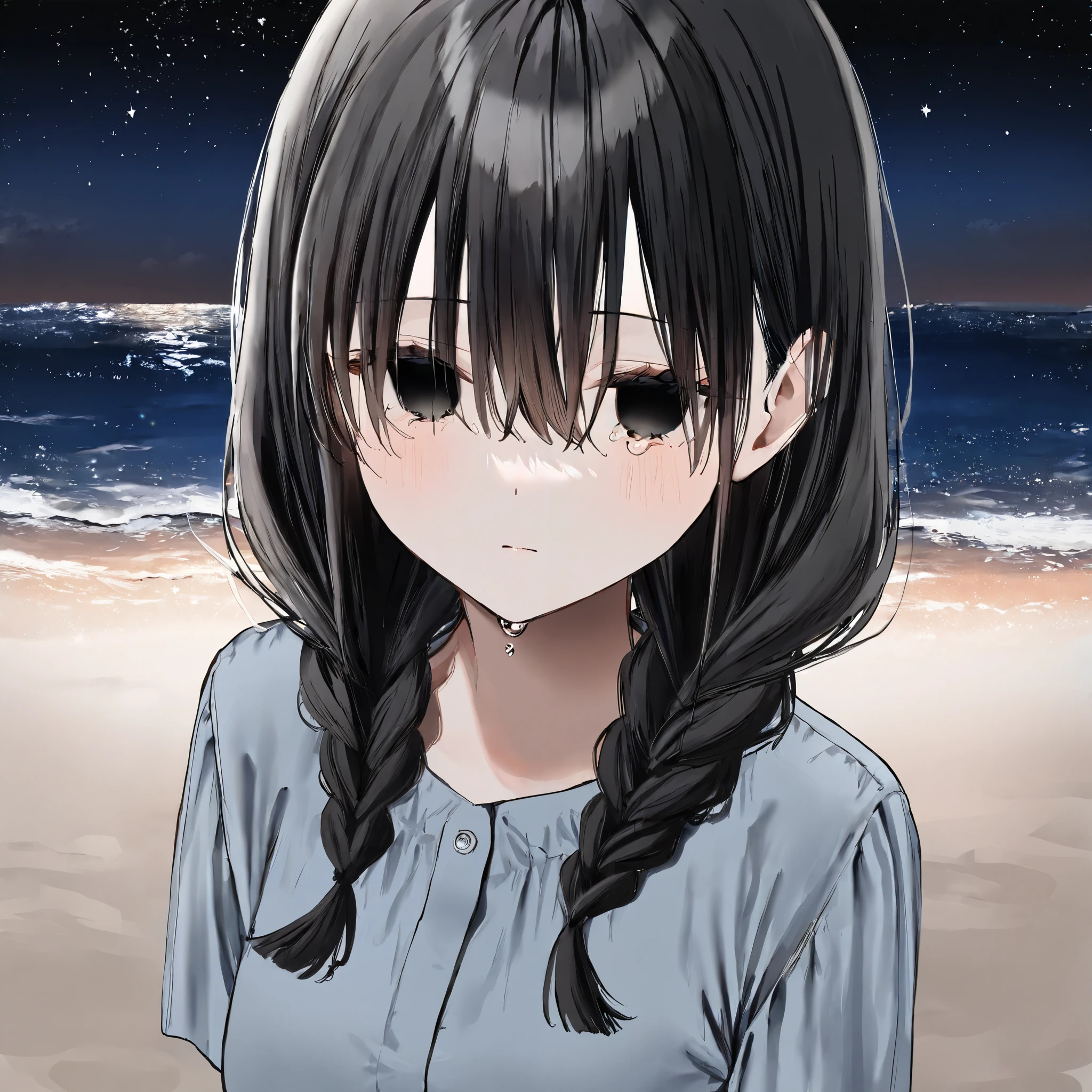 (High quality)Bang cover one eye,1girl,braids hair, Beautiful black eyes, pretty eyes, Very beautiful girl, Sea, Beach,Night, despair, Star, Black hair, Tears, Emotionless, empty eyes, breasts, student, Wallpaper, Anime,Bangs between eyes(artist:Oshioshio), Anime girl(artist:Oshioshio)