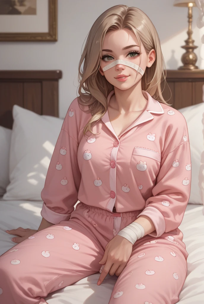 woman sex, in tight-button pajamas,  breasts also medium 