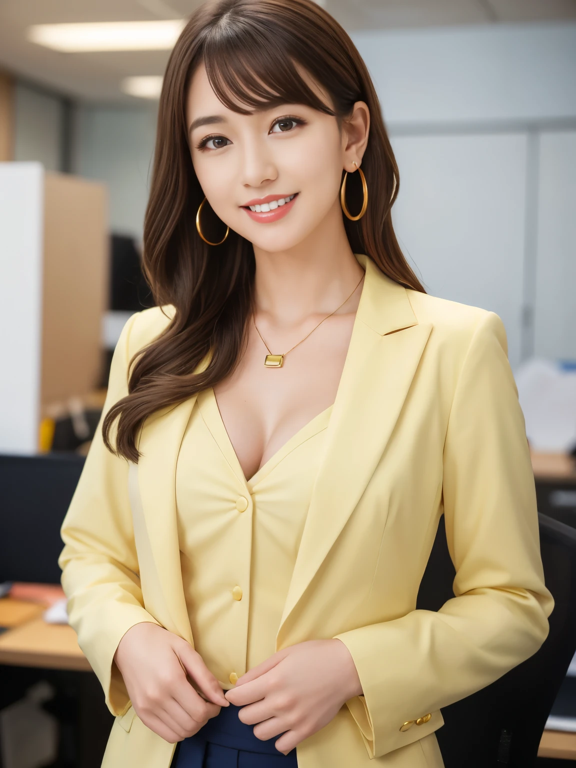 score_8, score_9, Group photo, Women who were aligned, crowd, Long Straight Hair, Brown Hair, sexly, girl, Sisters, ((Light yellow collared shirt、blazer)), adorable, smile, Slim face, Slim body,Perfect hands,Black choker、Blue color contact lenses、bangs、Very thick and long eyelashes、((Big Breasts)), Dependents, Big Breasts, Red lipstick, Anatomically correct, clear、upright、Alignment、Lounge、lobby、sofa、table、Dependents、Obedient Woman,There are documents and a pen on the table、Cleavage、Light clothing