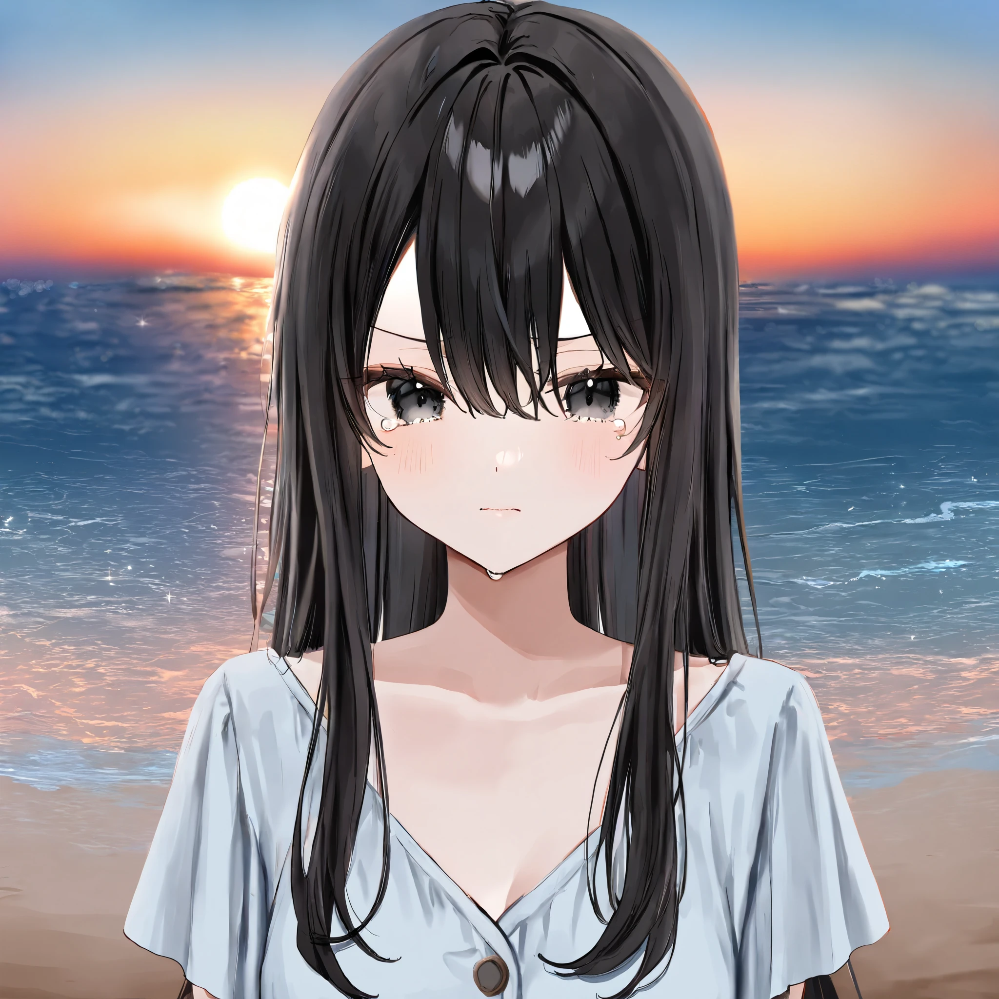 (High quality)Bang longer than eyes,Chest length hair,1girl,Medium long hair, Beautiful black eyes, pretty eyes, Very beautiful girl, Sea, Beach,Sunrise, Star, Black hair, Tears, Determined, breasts, Casual luxurious outfit, Wallpaper, Anime,Bangs between eyes(artist:Oshioshio), Anime girl(artist:Oshioshio)