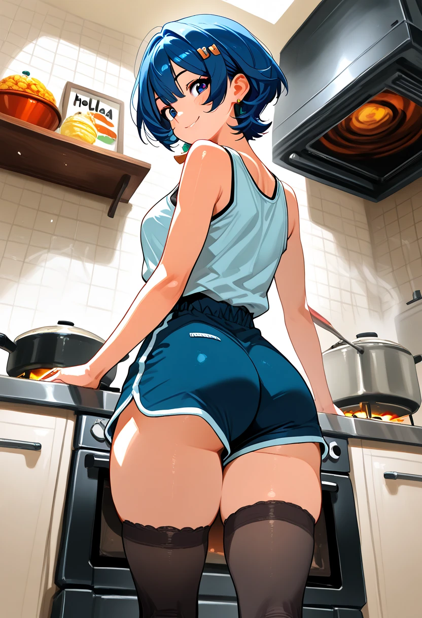 (girl in skinny tight light blue jeans), (long jeans), (apron), topless, standing, kitchen, from behind, (stick out ass), hands on hip, slim, slender, 28 years old, short bob cut, black hair, nose blush, wet eyes, round mouth, open mouth, drool, hard sweat, big ass, (2D), (((nsfw))), cameltoe, hard nipple