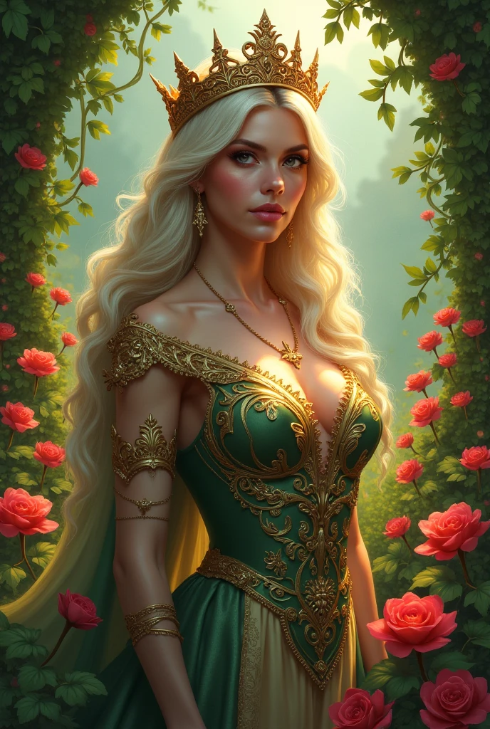 Aurum is an imposing and exuberant female elf figure., with a generous, curvy silhouette, extremely large breasts,gigantic breasts, She looks like anime characters and exudes sensuality.. She is dressed as a queen in a green dress, Adorned with golden jewels and precious stones that shine brightly. Your gaze is penetrating and full of intensity., Transmitting power and authority.. Aurum is surrounded by rose petals that accentuate its aura of beauty and sensuality.... Your mouth is well marked and seductive., and your whole body radiates an irresistible sensuality.