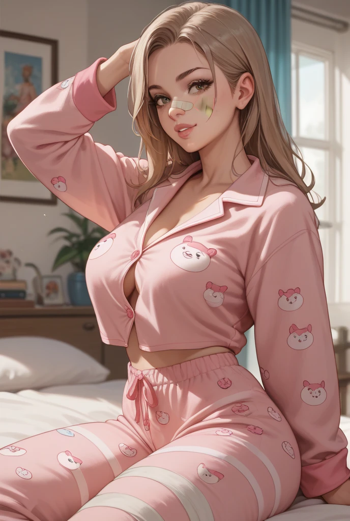 20 year old girl,(((fluffy onesie))), spread legs, cleavage, behind the girl is a big open window with a stunning view of the dark night city, hands behind back, <lora:add_detail:0.8>