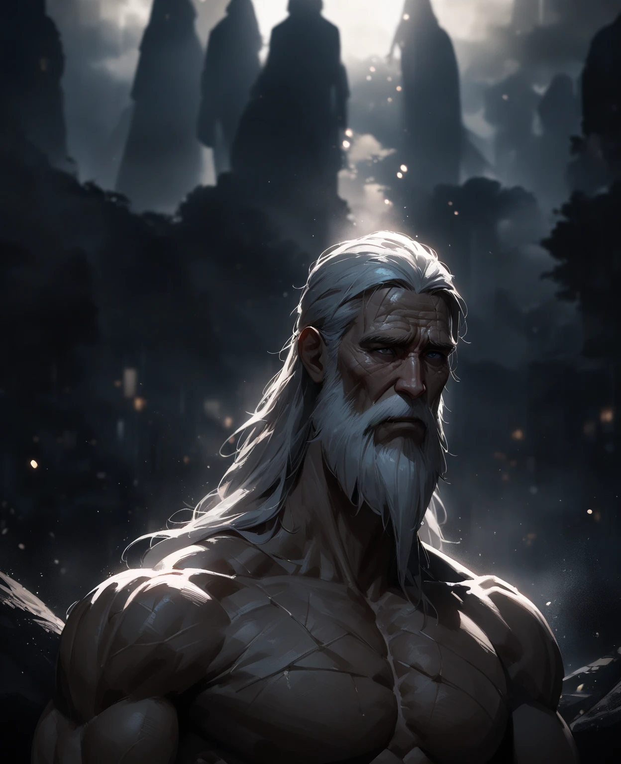 Areo is broad-shouldered with long white hair which was once dark and a dark mustachio and beard. He has a seamed and scarred face. He wears a shirt of copper scales with a billowing cloak of dun-and-yellow sand-silk and an iron half-helm with a crest of sharpened spikes wrapped in orange silk. His weapon is a six feet long long-axe