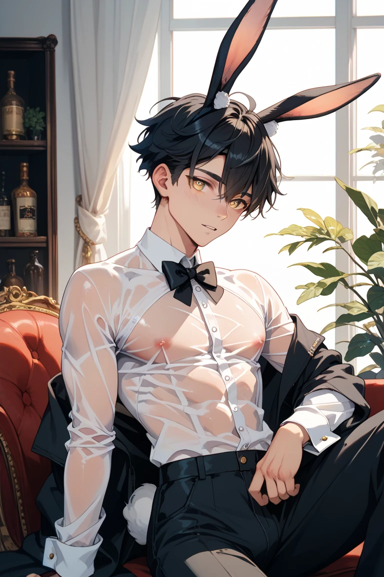 4K,high resolution,masterpiece,male性,black hair,22 years old,thin chest,black bunny boy,Taking off your costume,shy,Looking down diagonally,embarrassing,blush,NFSW,R-18,exposed,side,buttocks, Fishnet tights M, background/Luxurious bar,dim,moody,gay,homo,portrait,(((male)))short hair,maleの体格