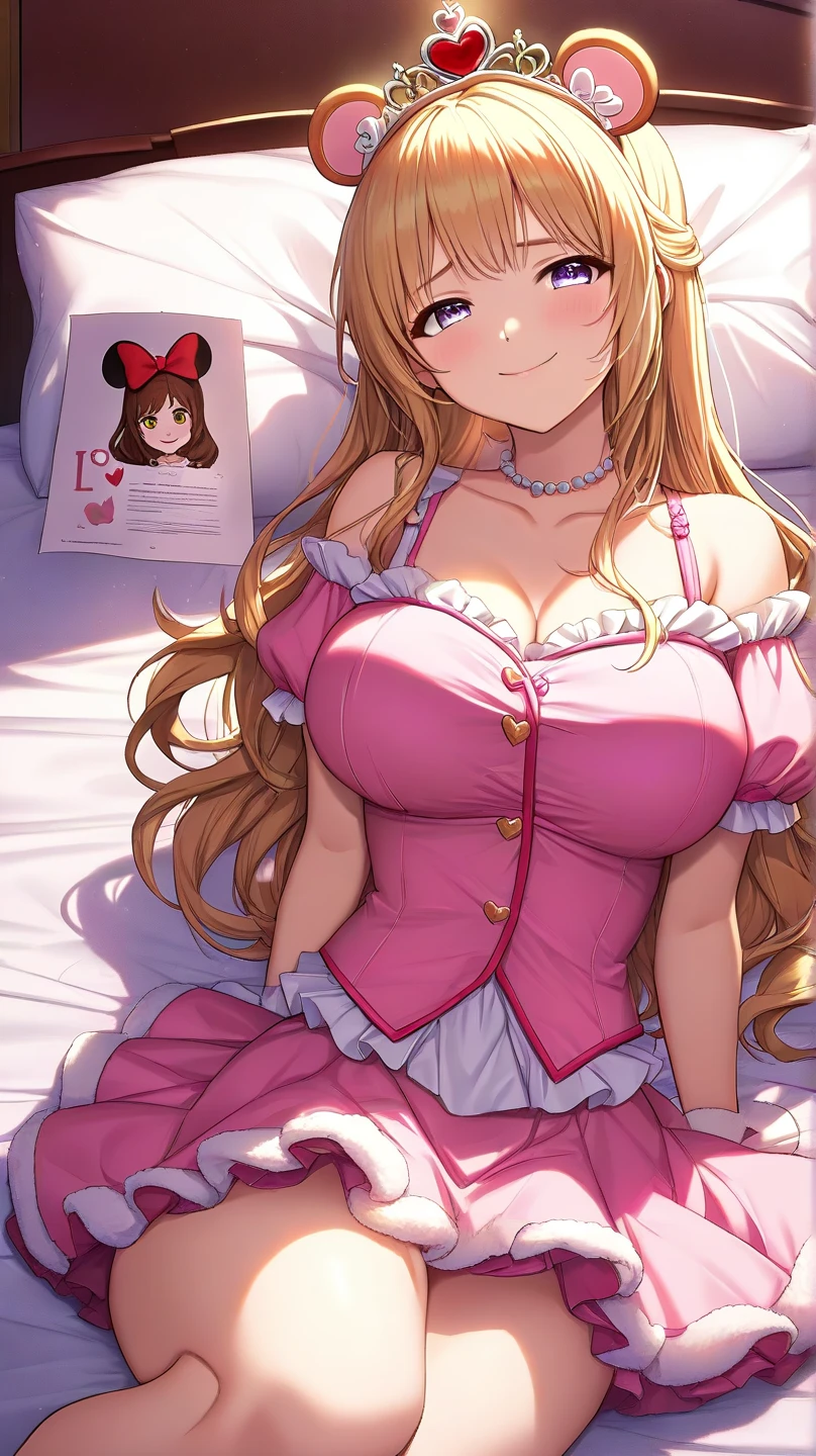 juicy lips, big lips, droopy eyes ,massive lashes,smiling, chocolate brown hair, rose red cheeks, plump peach lips, pink eyes, pink scrunchies with two pigtails, hair half up and half down, sitting on bed, fluffy leg warmers and socks, big , evil smile