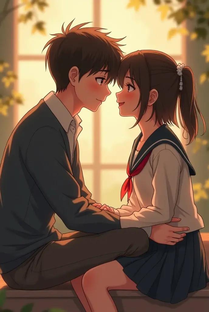 Nanami Kento hugging a girl with short curly black hair, light skinned, and dressed as a schoolgirl. with a nose piercing, outlined. They are both looking at each other with passion

