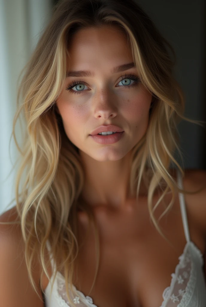 professional portrait photograph of a gorgeous Norwegian girl in with long wavy blonde hair,blue eye, sultry flirty look, gorgeous symmetrical face, cute natural makeup, wearing bikini,in bed, ultra realistic, concept art, elegant, highly detailed, intricate, sharp focus, depth of field, f/1. 8, 85mm, medium shot, mid shot, (((professionally color graded))), bright soft diffused light, (volumetric fog), trending on instagram, hdr 4k, 8k