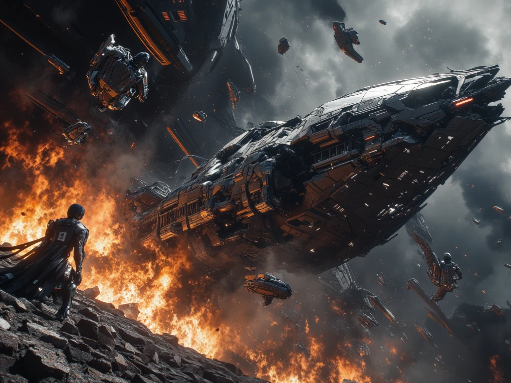 create a screen capture shot of sci-fi movie scene, a giant space ship crash scene, silver metallic space ship, floating people suspended in the air, Futuristic debris versus explosive flames in apocalyptic chaos. Capture metallic object and dynamic scenes, cinematic composition, dynamic angle, dramatic lighting, JK