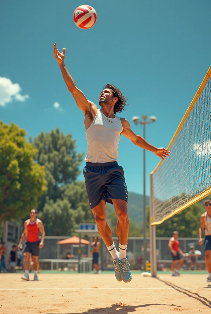 front view, a male volleyball player of European descent rises high above the net for a surve , he determination evident as he reaches for the ball --ar 2:3 --style jersy and shoes have