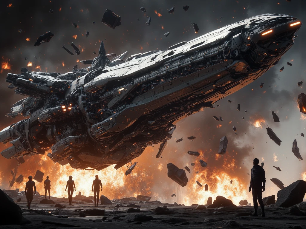 create a screen capture shot of sci-fi movie scene, a giant space ship crash scene, silver metallic space ship, floating people suspended in the air, Futuristic debris versus explosive flames in apocalyptic chaos. Capture metallic object and dynamic scenes, cinematic composition, dynamic angle, dramatic lighting, JK