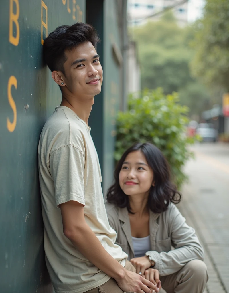 full body, make a pair of Indonesian lovers, they were dating in a park. handsome man with short hair, black, Korean looking. beautiful woman with short hair,black, they were hugging as if they were falling in love, they also wear clothes,trousers, and shoes,. the picture is very clear,Real, realistic 16k