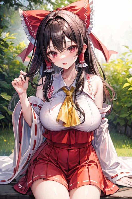 Beautiful Chinese girl，Wearing Hanfu，Wearing black stockings，（transparent），Black long hair，watcher，Upper Body，Sitting on the grass，Lovely，A slight smile on the face，Large bust，Beautiful breasts，Delicate breasts，Prominent cleavage，（Slim legs:10.0)，Peerless Beauty，Wearing Chinese ancient jade hairpin jewelry，Red leg