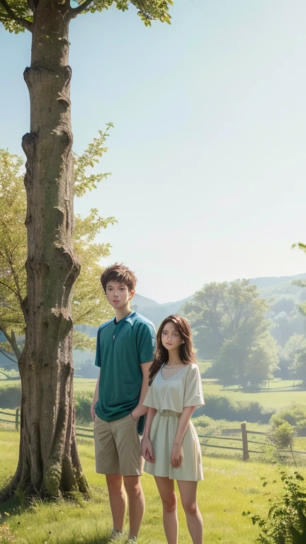 boy and girl walking in nature , holding hands , happy