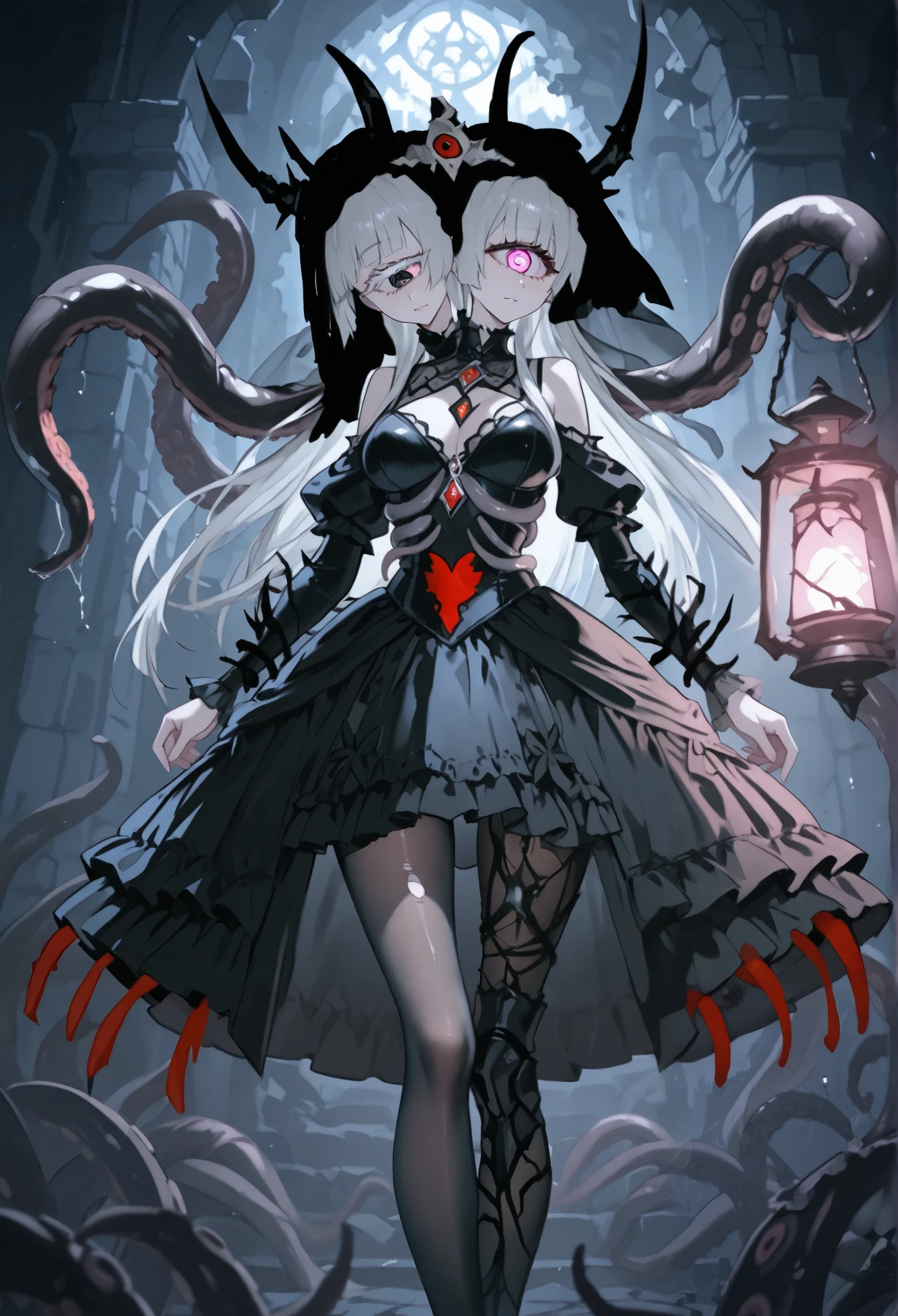 Two-headed woman. ((Twin heads)) ((Cyclops Eye)) Silver hair. Long hair. Gothic dress. Black and white dress. Arthropod motif costume. Rib motif costume. Horns on her head. Mono-eye. Breasts perky. Transparent tights chest. Veil. Tentacles from behind. Tentacles with mouths. Lantern. Giant girl. In the mist. Post-apocalyptic. Broken castle. Sitting on a castle. Mountain castle.