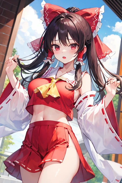 reimu hakurei　cheeks are red　Natural Laughing Face　Show from head to thigh　cute face　small breasts　small butt　good style　Normal attire　Near the cherry blossoms　Cherry blossom petals are dancing　small 