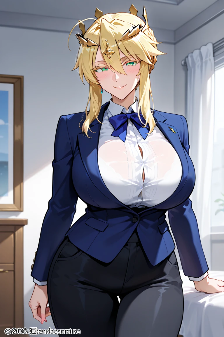 young girl,big breast, short blonde hair, Fox ears, violet eyes, large breast, curvy, cleavage, shirt, Skirt, office lady, office suit, pencil skirt, pantyhose, 
