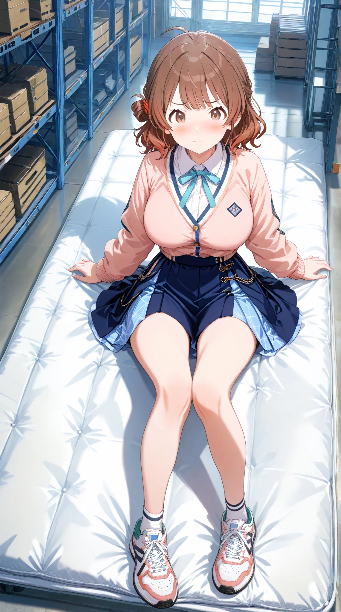 1girl, alone, miku nakano, long hair, bangs, blue eyes, brown hair, shirt, hair between eyes, headphones, headphones around neck,Skirt, shirt, long sleeves, white shirt, pantyhose, pleated skirt, black pantyhose, cardigan, green skirt, blue cardigan,indoors, bed, bed room, on side, blush, drunk, from behind,big breasts, medium waist, wide hips, medium thighs, round butt,looking at viewer, pov (from below),cowboy shot, dutch angle, perfect hands, perfect anatomy