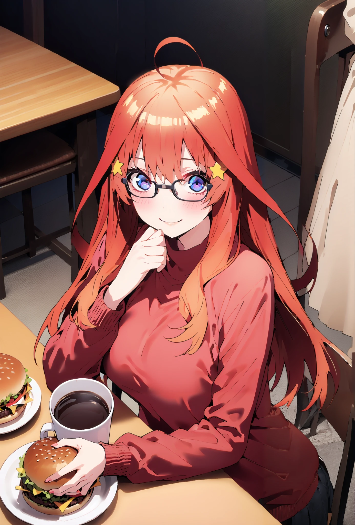 score_9, score_8_up, score_7_up, source_anime, Nakano Mizuki , long hair, blue eyes, hair ornament, red hair, glass, stupid hair,star ( symbol ), half rimless glasses, Underrim Glasses, star hair ornament,smile,cover,close your mouth, Big Breasts, Coat with Fur ,Oversized sweater,( turtleneck:1.2),black pantyhose,Short heel boots,A hamburger, french fries, and a cup of coffee are placed on the tray, トレイ in one hand,Beautiful Scenery,clothed, table,chairs,full bodyがイラストに入るように,break indoors, hamburger shop,
break looking at viewer,full body,
break (masterpiece:1.2),top quality , kampala, Unity 8K Wallpaper ,(shape:0.8),( fine, beautiful eyes :1.6),It's a person ,full body写真,CG Details , (perfect hands,complete anatomy),