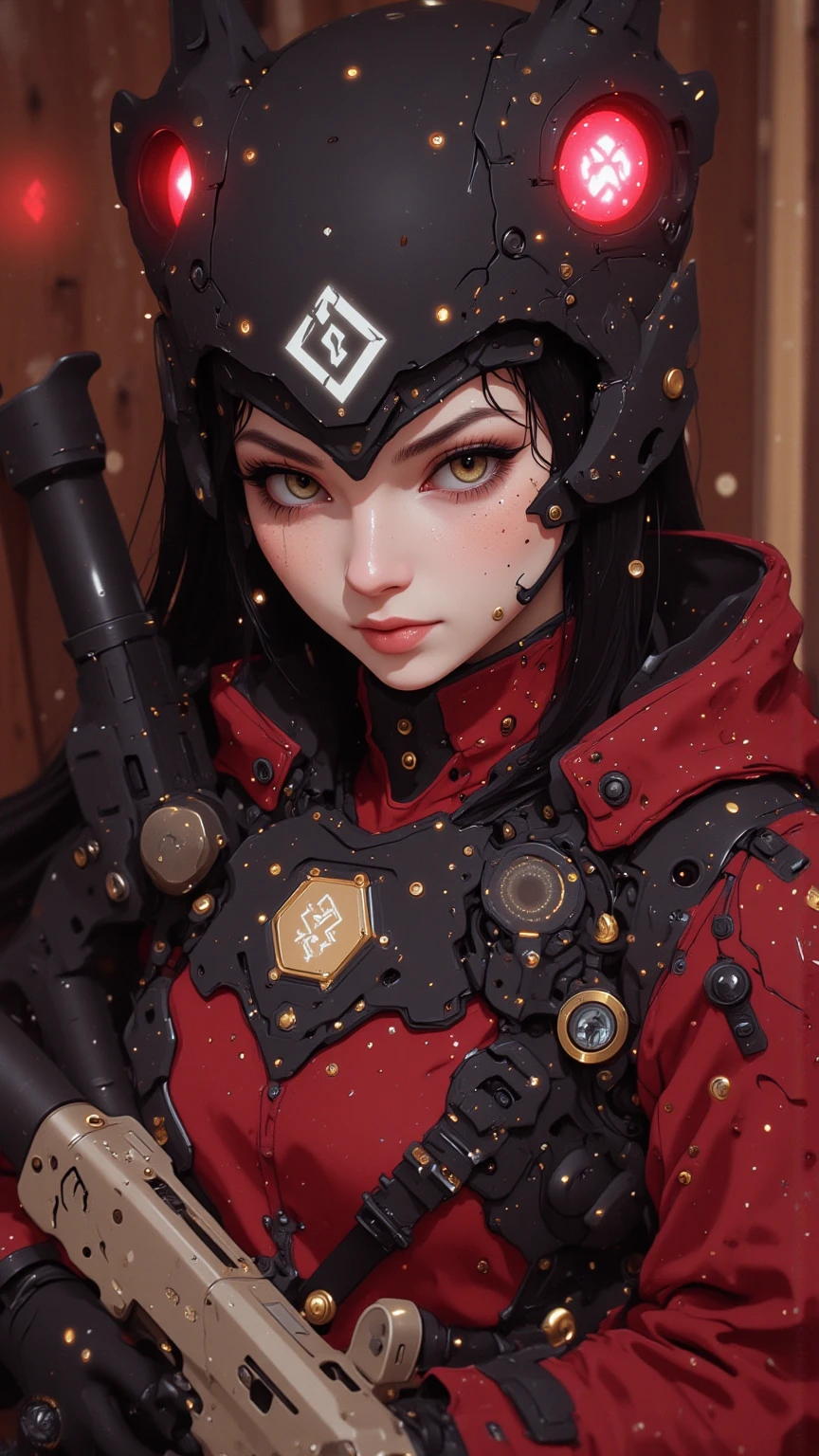 (Official Art, Unity 8k wallpaper, super detailed, high quality, best quality),
(Zen Entanglement, Mandala, Tangled, Entanglement: 0.6), (Red, Black), Flat Color, Limited Color Palette, Low Contrast, (1 Girl: 1.2), Solo, Seraf, Long Straight Black Hair, Garlic Flower, (Gloomy), (Gas Mask: 1.3),
