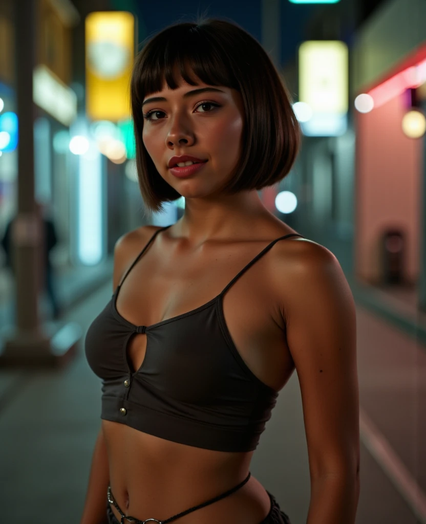 Em uma cena cinematográfica e hiper-realista, Xochitl Gomez, at night, short straight black hair, fit body, normal fit legs, she's 35 years old