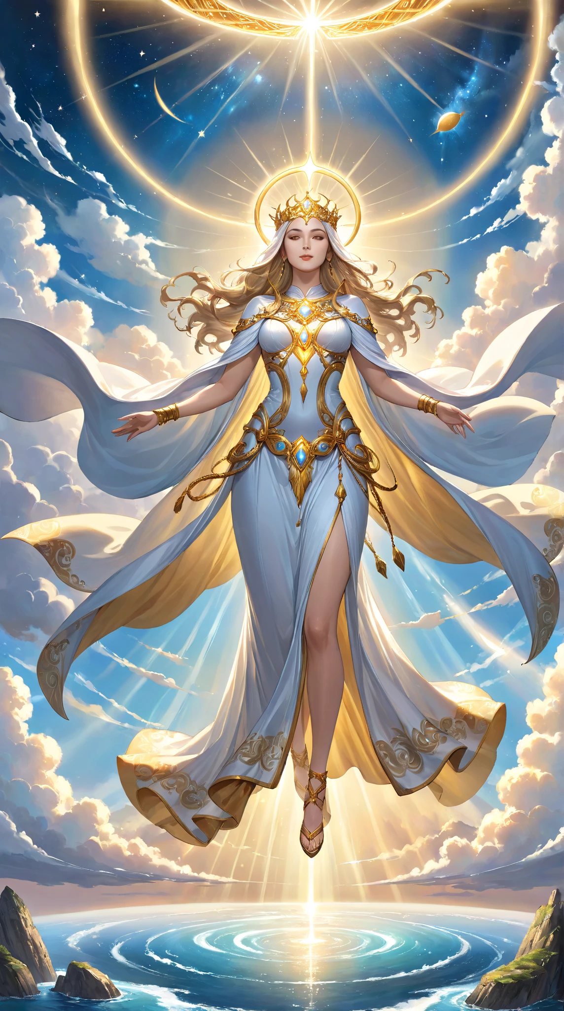 A divine celestial figure floating in the sky, radiant with ethereal ...