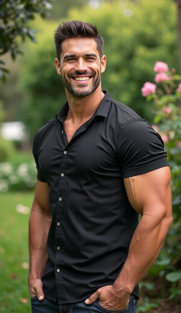 ((best quality)), ((masterpiece)), (detailed),filiphino male around 40 years old.he just wears a grey suit. He has a good muscular body. Sixpack. Hairy chest. He is an artist. Smile for everyone. He is standing on the road