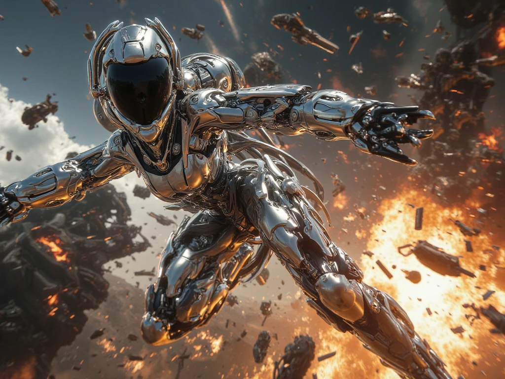 create a screen capture shot of sci-fi movie scene, a giant space ship crash scene, silver metallic space ship, floating people suspended in the air, Futuristic debris versus explosive flames in apocalyptic chaos. Capture metallic object and dynamic scenes, cinematic composition, dynamic angle, dramatic lighting, JK