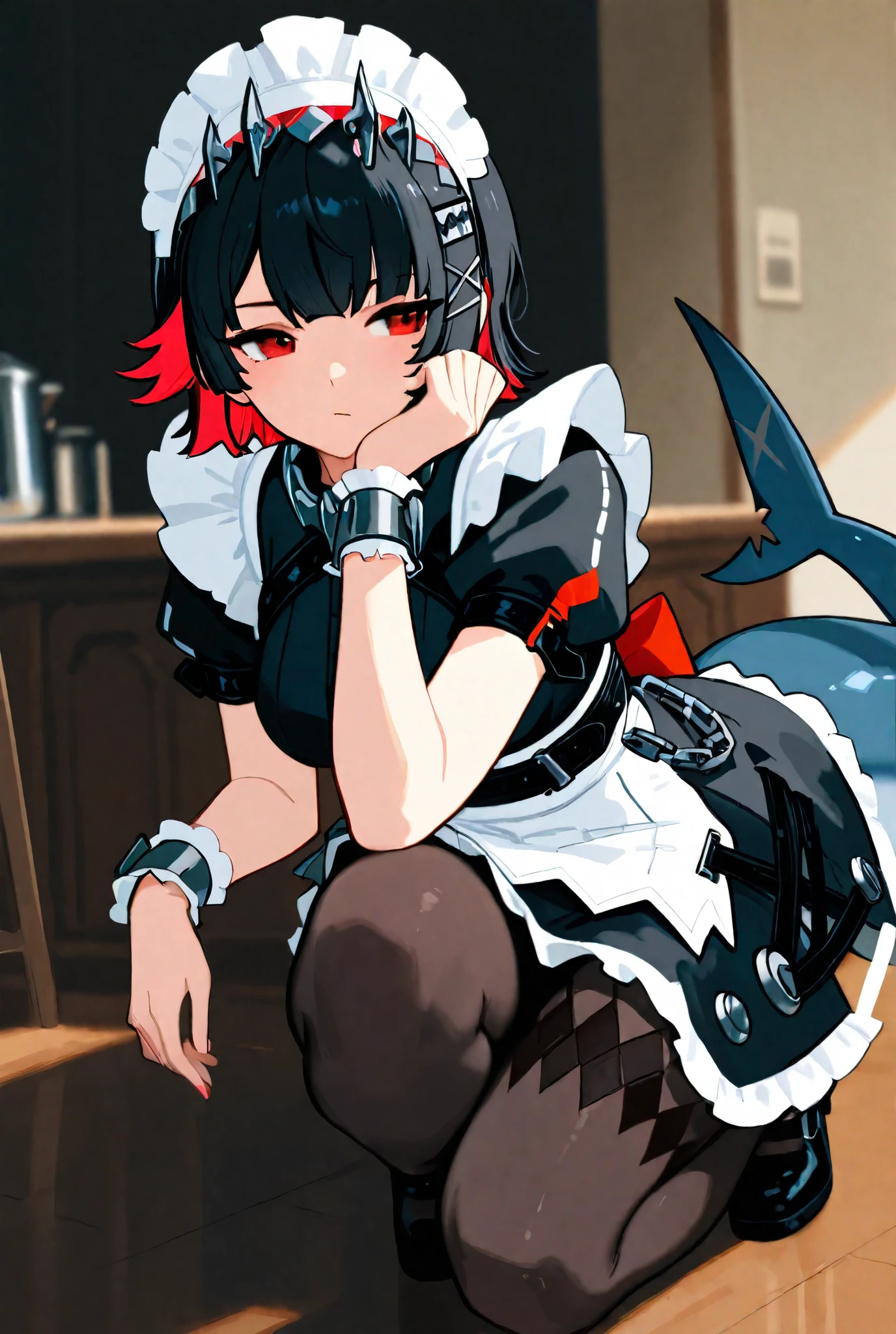 Ellen Joe, maid, shark tail, (shark girl:0.5), 1girl, red eyes, tail, pantyhose, multicolored hair, black footwear, short sleeves, apron, wrist cuffs, maidheaddress,