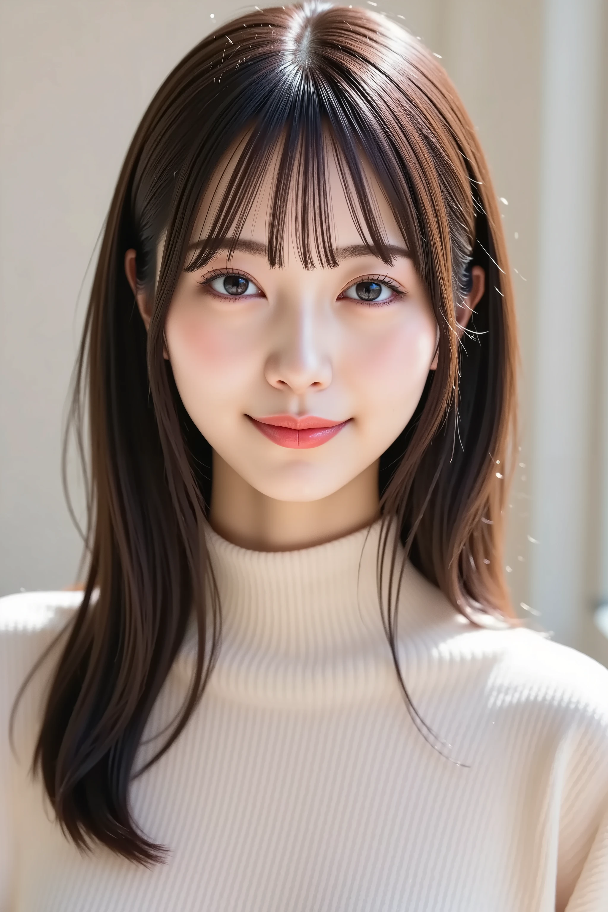 The face is placed in the center of the image, masterpiece, fine, clean skin、plain high neck long sleeve ribbed slim fit t-shirt、long black hair, Bangs, smile, 8k, shooting studio background
