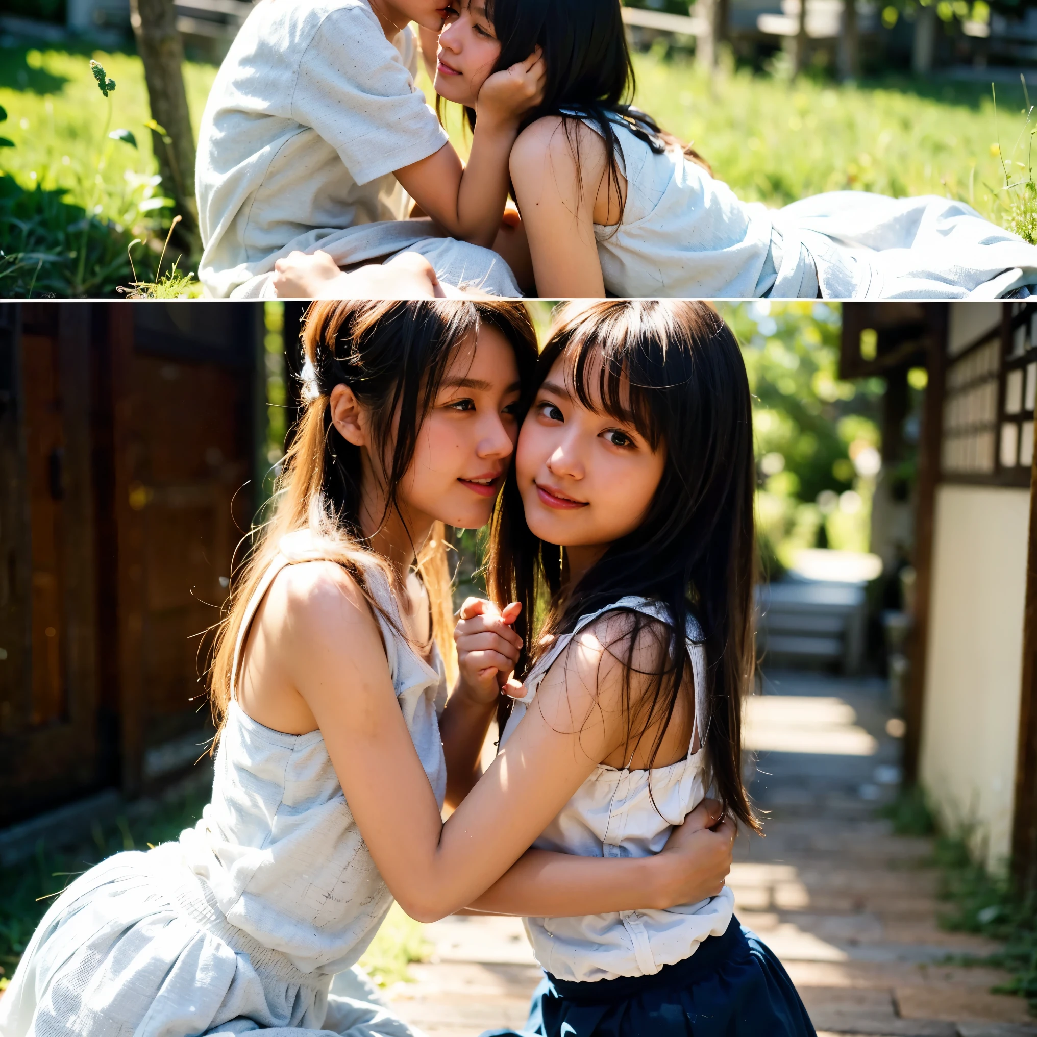 Key elements:
✔ Soft natural lighting & vintage film tones
✔ Casual, candid moments that feel genuine and emotional
✔ Affectionate expressions—hugs, kisses, and tender gazes
✔ A nostalgic touch of Japan’s Showa & early Heisei eras
A soft-focus close-up of twin sisters touching noses before sharing a small, affectionate kiss.