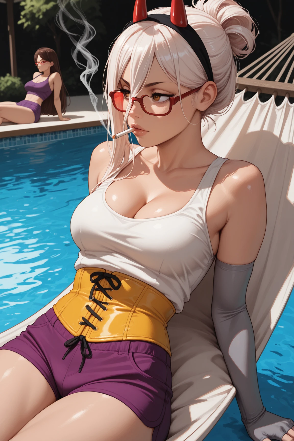 (masterpiece, best quality:1.2),((photoreal:1.1)),perfect anatomy,((solo:1.5)), ((alone)),((1 middle age woman:1.5)),perfect eyes,Meiko Shiraki, ((looking at viewer:1.4)),((horizontal angle)),((straight-on)),((view from front:1.4)),shooting from front,lighting to face,((small breasts:1.4)),(sagging small breasts:1.2),((Piutuary small breasts:1.2)),((muscular:1.25)),((do not hide your crotch:1.4)),(cod lips),((squatting:1.3)),((spreading your legs wide:1.3)),(holding your head high),((hands on your hip bone:1.4)),delicate and beautiful,glasses,detailed hair,silver hair,updo hair,(bare arms),((bare legs:1.4)),(bare shoulders),((vivid pink bikini:1.3)),high heel