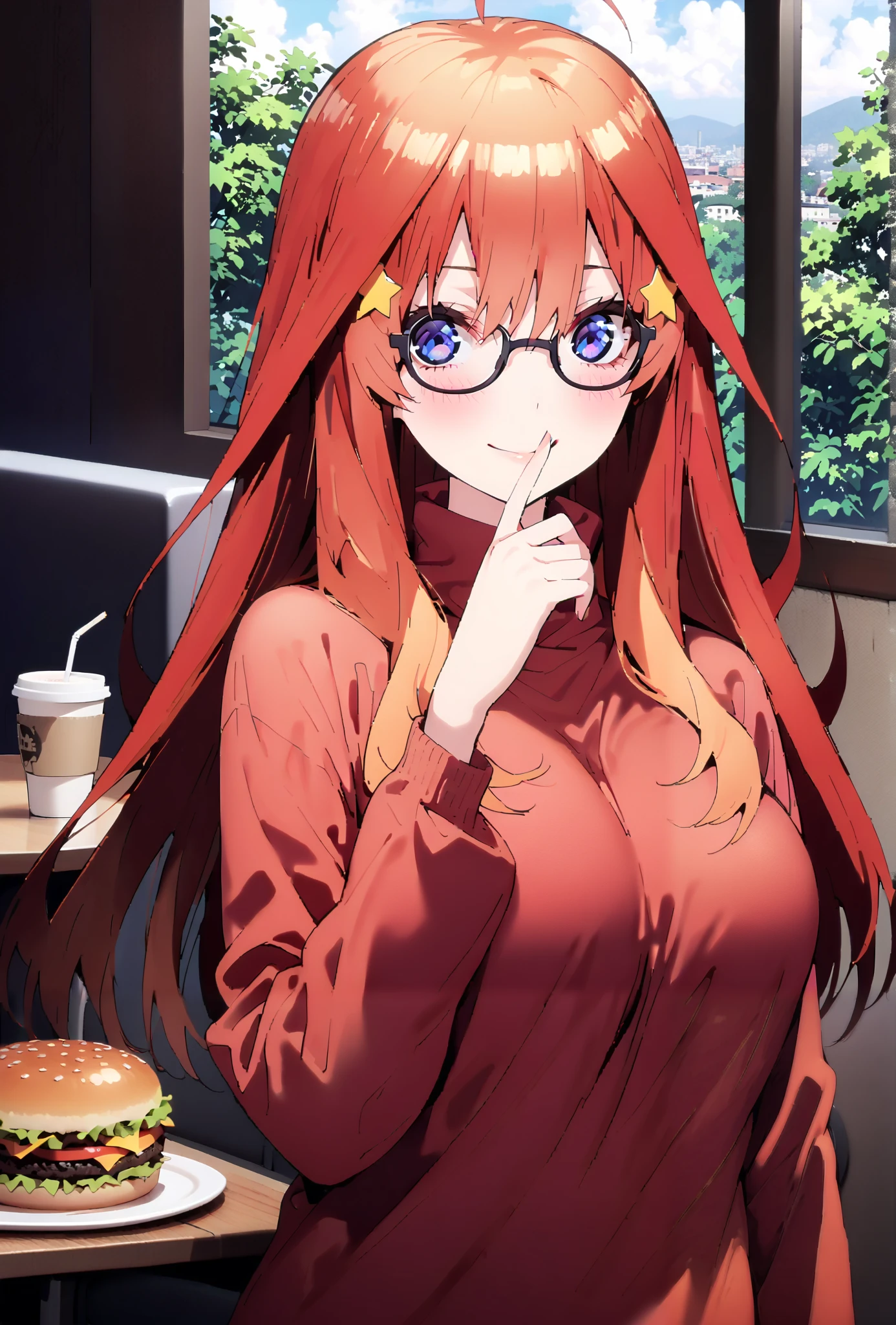 score_9, score_8_up, score_7_up, source_anime, Nakano Mizuki , long hair, blue eyes, hair ornament, red hair, glass, stupid hair,star (  symbol ),  half rimless glasses, Underrim Glasses, star hair ornament,smile,cover,close your mouth, Big Breasts,  Coat with Fur ,Oversized sweater,( turtleneck:1.2),black pantyhose,boots,A hamburger, french fries, and a cup of coffee are placed on the tray, トレイ in one hand,Beautiful Scenery,clothed, table,chairs,full bodyがイラストに入るように,break indoors, hamburger shop,
break looking at viewer,full body,
break (masterpiece:1.2),top quality , kampala, Unity 8K Wallpaper ,(shape:0.8),(  fine, beautiful eyes  :1.6),It's a person ,full body写真,CG Details , (perfect hands,complete anatomy),