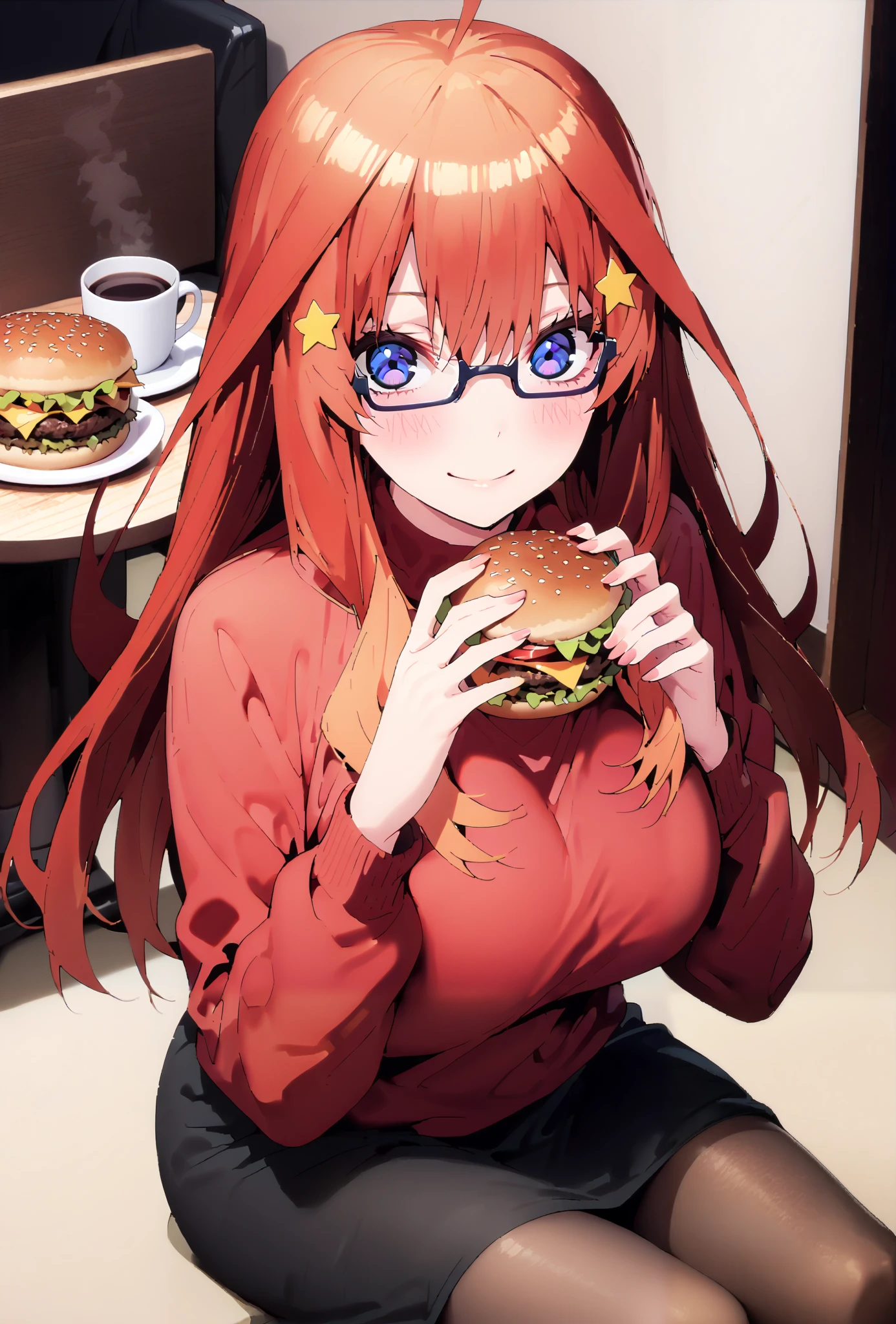 score_9, score_8_up, score_7_up, source_anime, Nakano Mizuki , long hair, blue eyes, hair ornament, red hair, glass, stupid hair,star ( symbol ), half rimless glasses, Underrim Glasses, star hair ornament,smile,cover,close your mouth, Big Breasts, Coat with Fur ,Oversized sweater,( turtleneck:1.2),black pantyhose,boots,A hamburger, french fries, and a cup of coffee are placed on the tray, トレイ in one hand,Beautiful Scenery,clothed, table,chairs,full bodyがイラストに入るように,break indoors, hamburger shop,
break looking at viewer,full body,
break (masterpiece:1.2),top quality , kampala, Unity 8K Wallpaper ,(shape:0.8),( fine, beautiful eyes :1.6),It's a person ,full body写真,CG Details , (perfect hands,complete anatomy),
