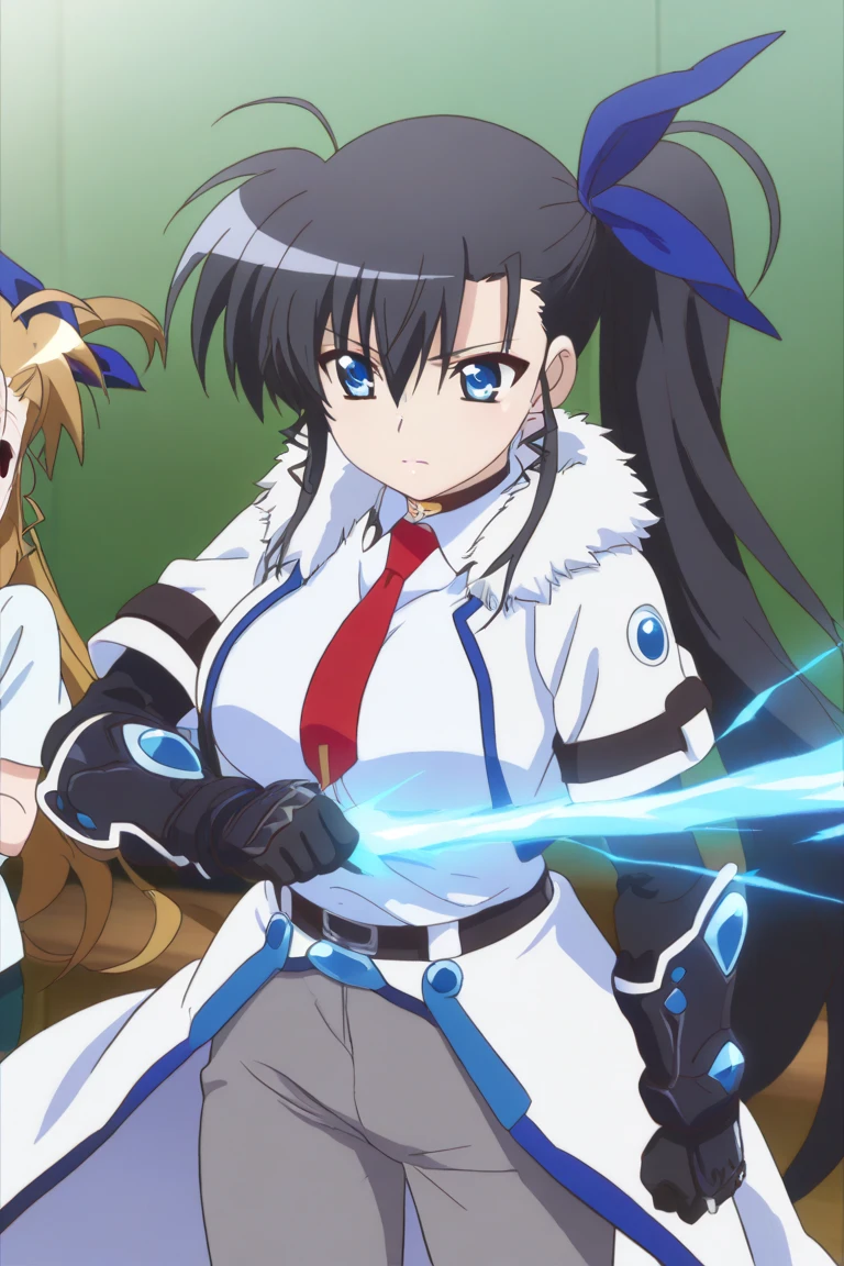 anime coloring, official art,high definition,amazing quality,best quality,very aesthetic,masterpiece,absurdres, ((1girl)), bbvivio, aged up, long hair, black hair, ((Blue eyes)), ahoge, side ponytail, hair ribbon, large breasts, choker,red necktie,short sleeves,black gloves,shirt, coat,belt,grey pants, fur trim, ((Black gauntlets on each hand covered in blue energy))