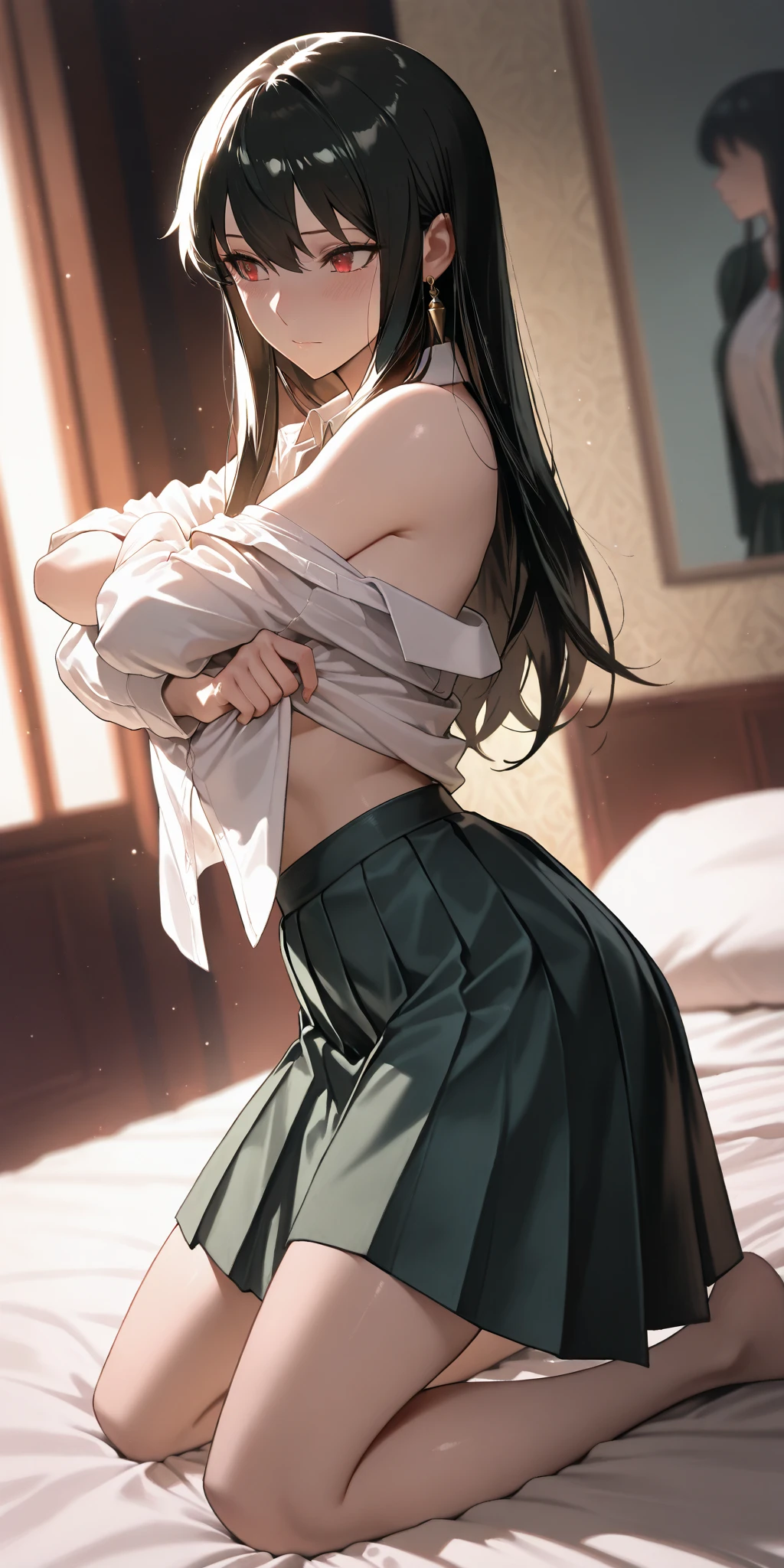 nsfw, (8k、Best image quality、Highest quality、masterpiece)、Detailed face、Detailed Background, Improve、A beautiful 35 year old woman, Light Brown Hair, Long wavy hair, blunt bang, Big Tits, Big Ass, (Sleeveless white blouse with collar:1.5), (White long skirt:1.5), Gold Necklace, Earrings, (A tense look:1.5), (Blushing:1.4), Bedroom, Sit on the edge of the bed, Dim lighting, (Have a skirt:1.2), (Lifting her skirt to show her panties:1.5), (Dark green lace panties:1.3), (lift skirt:1.3), (show off panties), (panties visible), from front, full body