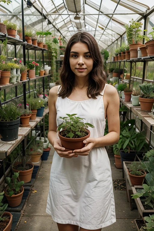 A cute woman buying plants in a garden ( fotorrealista) 4k, imagen para uso publicitario