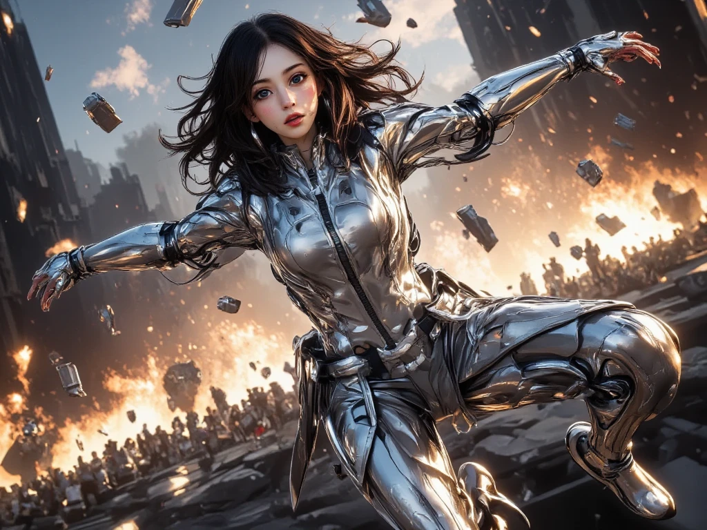 create a screen capture shot of sci-fi movie scene, a giant space ship crash scene, silver metallic space ship, floating people suspended in the air, Futuristic debris versus explosive flames in apocalyptic chaos. Capture metallic object and dynamic scenes, cinematic composition, dynamic angle, dramatic lighting, JK