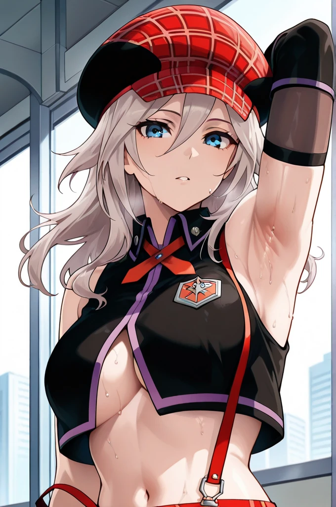 (masterpiece, best quality:1.2), extremely detailed, detailed hair, intricate details, finely detailed, [[soft lighting, volumetric lighting]], 1girl, (solo), looking at viewer, mature female, close-up , grabbing own breast , , muscular, muscular female, abs, navel, thick thighs, large breasts , (collared turtleneck, suit jacket ), elbow gloves , (hair between eyes, , topknot, two-tone hair), smile, sweat, freckles,blush , (dark skin), , lipstick, makeup, black lipstick, (Dunes Interdimensional Portal,Theatre,Rotunda), <lora:shadV5LOL-000011:1>