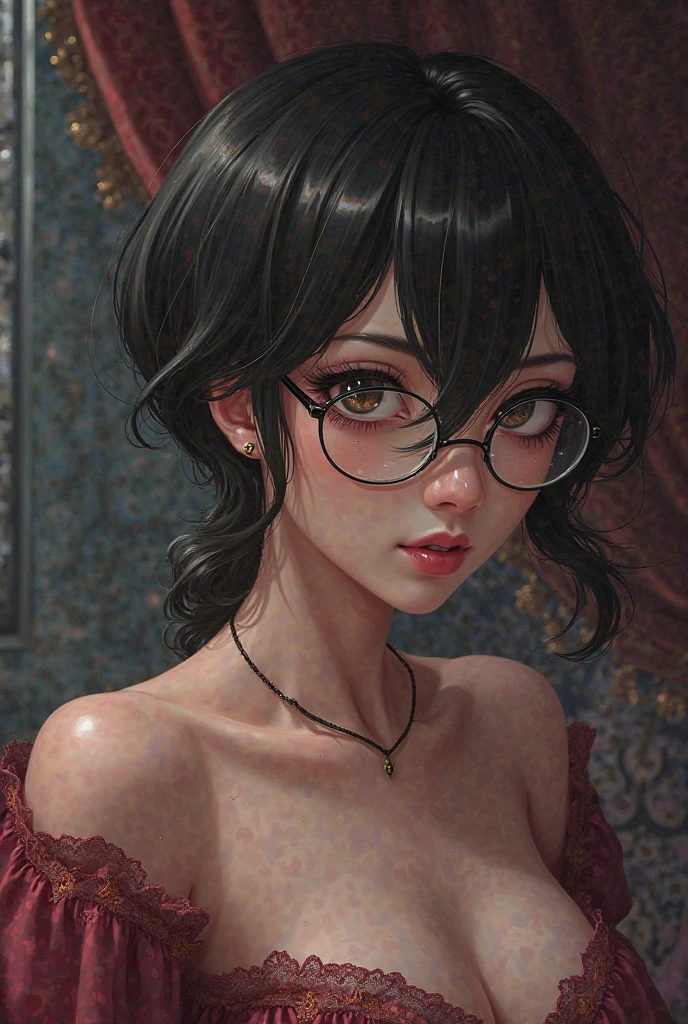 (masterpiece, best quality), 1girl, messy hair, choker, black silk pajamas, see-through, glasses,