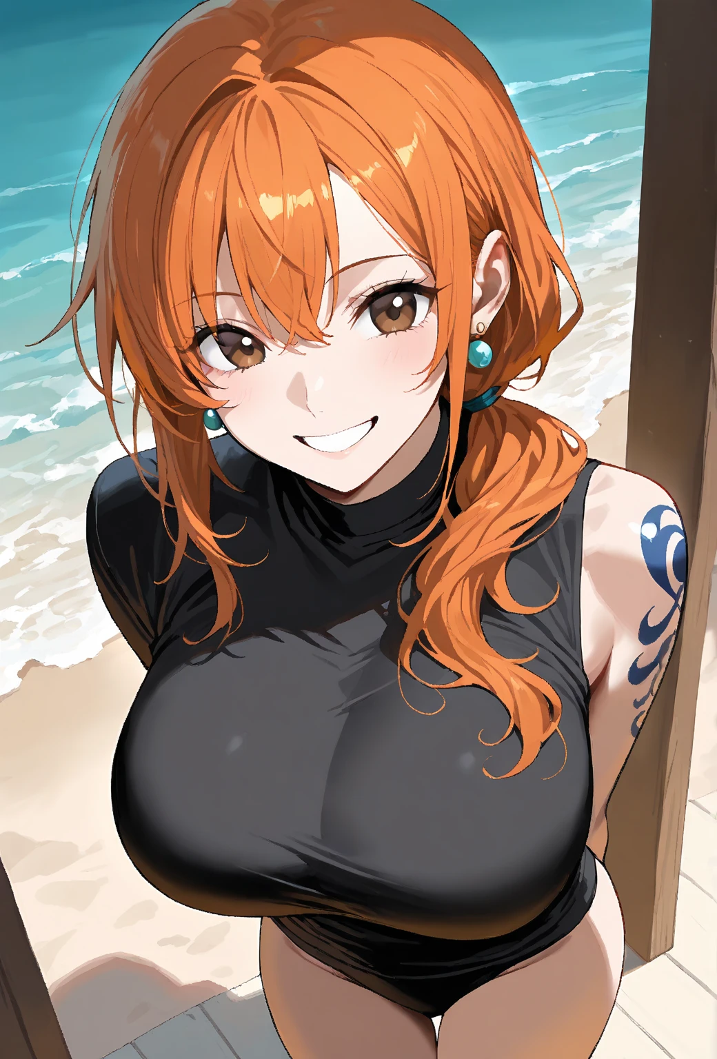 Nami alome, one piece, orange hair, beautiful brown eyes, ((wearing top and jeans)), sexy breasts, full body, (island and ocean background) (best quality, 4k, 8k, high resolution, artwork:1.2), ultra-detailed, and (realistic, photorealistic, HDR, Ultra HD, studio lighting, ultra-fine painting, sharp focus, eye nami, nami face